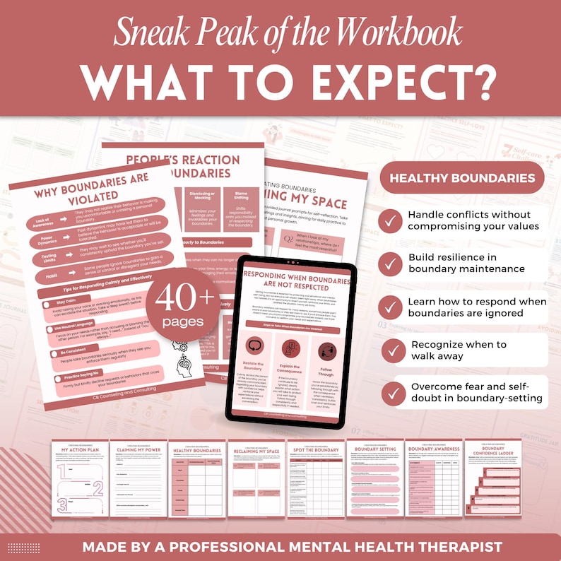 May include: A digital workbook titled Sneak Peak of the Workbook WHAT TO EXPECT? featuring pages on boundary setting, healthy boundaries, and conflict resolution. The layout includes a tablet, multiple document sheets, and a 40+ pages badge.