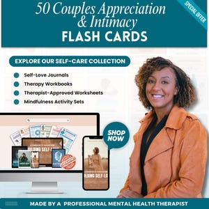 Puede incluir: Imagen promocional de productos de autocuidado. La imagen presenta a una mujer sonriendo, con el texto "50 Couples Appreciation & Intimacy Flash Cards". Otros textos incluyen "Explore Our Self-Care Collection" y "Shop Now".