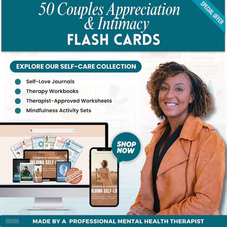Puede incluir: Imagen promocional de productos de autocuidado. La imagen presenta a una mujer sonriendo, con el texto "50 Couples Appreciation & Intimacy Flash Cards". Otros textos incluyen "Explore Our Self-Care Collection" y "Shop Now".