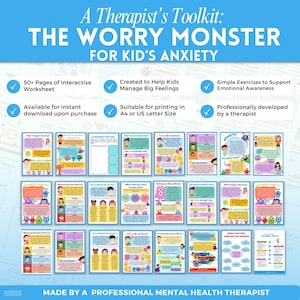 May include: A colorful printable workbook titled "The Worry Monster" for kids' anxiety. It features a cartoon monster and includes 50+ pages of interactive worksheets, simple exercises to support emotional awareness, and is suitable for printing on A4 or US Letter size paper.