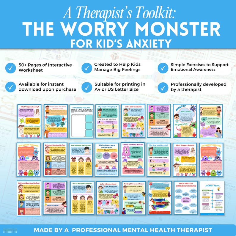 May include: A colorful printable workbook titled "The Worry Monster" for kids' anxiety. It features a cartoon monster and includes 50+ pages of interactive worksheets, simple exercises to support emotional awareness, and is suitable for printing on A4 or US Letter size paper.