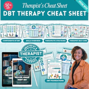 May include: A digital cheat sheet for therapists using Dialectical Behavior Therapy (DBT). The cheat sheet includes sections on components of DBT, skills overview, therapeutic strategies, and therapist self-care. The cheat sheet is created by a licensed therapist.