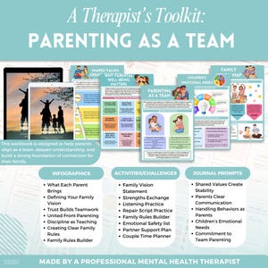 Pode incluir: Um livro de exerc&iacute;cios intitulado "Parenting as a Team" com infogr&aacute;ficos, atividades e prompts de di&aacute;rio. A capa apresenta uma silhueta familiar. O livro de exerc&iacute;cios foi projetado para ajudar os pais a se alinharem e construir uma forte conex&atilde;o familiar.