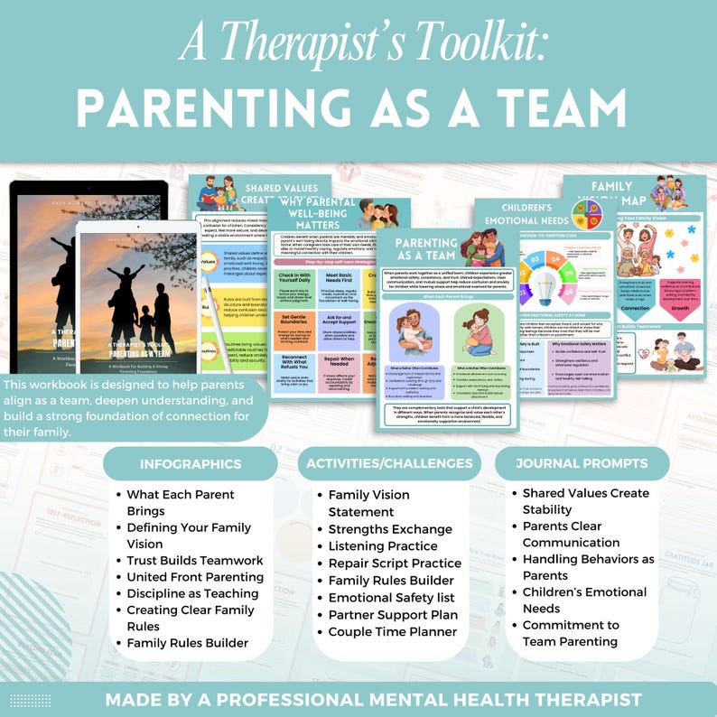 Pode incluir: Um livro de exerc&iacute;cios intitulado "Parenting as a Team" com infogr&aacute;ficos, atividades e prompts de di&aacute;rio. A capa apresenta uma silhueta familiar. O livro de exerc&iacute;cios foi projetado para ajudar os pais a se alinharem e construir uma forte conex&atilde;o familiar.