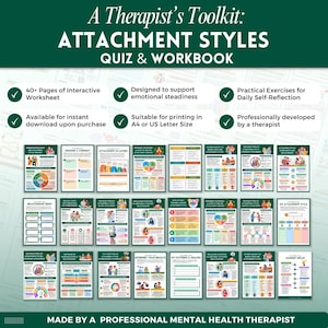 May include: A Therapist's Toolkit: Attachment Styles Quiz & Workbook. The image displays a collection of colorful worksheets and quizzes. The text includes "40+ Pages of Interactive Worksheet" and "Designed to support emotional steadiness."