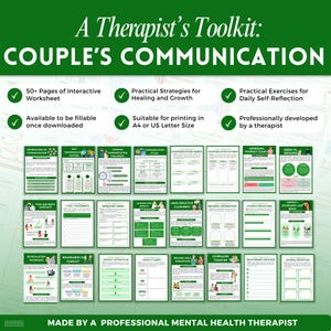 K&ouml;nnte beinhalten: Ein digitales Arbeitsblatt mit dem Titel 'A Therapist's Toolkit: Couple's Communication'. Der gr&uuml;ne und wei&szlig;e Download bietet &uuml;ber 50 Seiten interaktiver Inhalte, praktische Strategien und &Uuml;bungen zur Selbstreflexion. Geeignet f&uuml;r A4- oder US-Letter-Gr&ouml;&szlig;e.