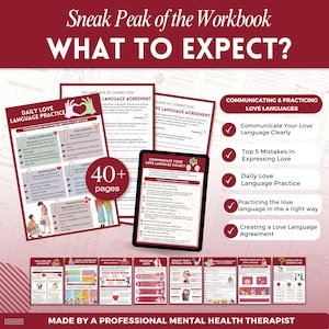 Puede incluir: Un cuaderno de trabajo titulado "Sneak Peak of the Workbook: What to Expect?" muestra p&aacute;ginas sobre lenguajes del amor, incluyendo "Daily Love Language Practice" y "Love Language Agreement". El cuaderno tiene m&aacute;s de 40 p&aacute;ginas e incluye el texto "Communicate Your Love Language Clearly."