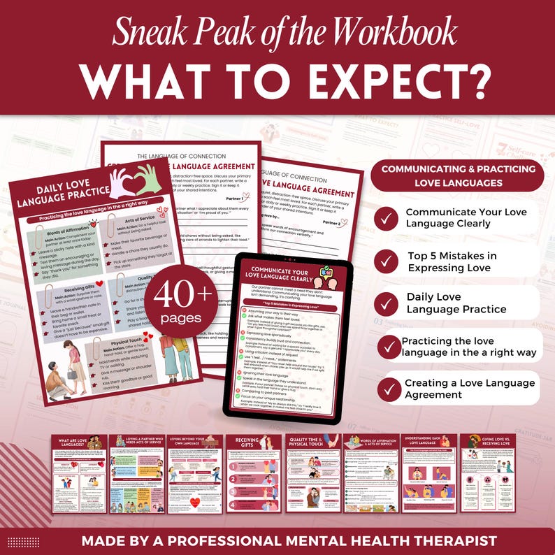 Puede incluir: Un cuaderno de trabajo titulado "Sneak Peak of the Workbook: What to Expect?" muestra p&aacute;ginas sobre lenguajes del amor, incluyendo "Daily Love Language Practice" y "Love Language Agreement". El cuaderno tiene m&aacute;s de 40 p&aacute;ginas e incluye el texto "Communicate Your Love Language Clearly."