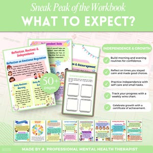 Puede incluir: Un cuaderno de trabajo titulado "WHAT TO EXPECT?" presenta p&aacute;ginas coloridas con texto e ilustraciones. Los temas incluyen la regulaci&oacute;n emocional, las rutinas y la independencia. El cuaderno de trabajo tiene m&aacute;s de 50 p&aacute;ginas e incluye una secci&oacute;n sobre la reflexi&oacute;n de las elecciones. El texto "MADE BY A PROFESSIONAL MENTAL HEALTH THERAPIST" est&aacute; en la parte inferior.