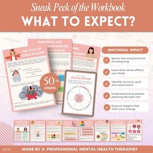 Puede incluir: Una vista previa de un cuaderno de trabajo titulado "WHAT TO EXPECT?" presenta p&aacute;ginas rosas con texto e ilustraciones. El cuaderno de trabajo cubre temas como complacer a la gente, el impacto emocional y un "C&Iacute;RCULO DE DESENCADENANTES". La imagen incluye el texto "50+ p&aacute;ginas".