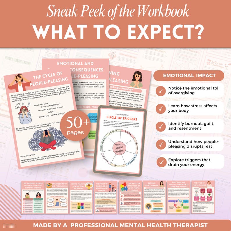 Puede incluir: Una vista previa de un cuaderno de trabajo titulado "WHAT TO EXPECT?" presenta p&aacute;ginas rosas con texto e ilustraciones. El cuaderno de trabajo cubre temas como complacer a la gente, el impacto emocional y un "C&Iacute;RCULO DE DESENCADENANTES". La imagen incluye el texto "50+ p&aacute;ginas".