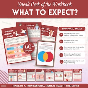 May include: A promotional image for a workbook titled "What to Expect?" featuring several pages with text and graphics. The workbook covers topics like anger triggers, emotional impact, and anger management. The image includes the text "60+ pages."