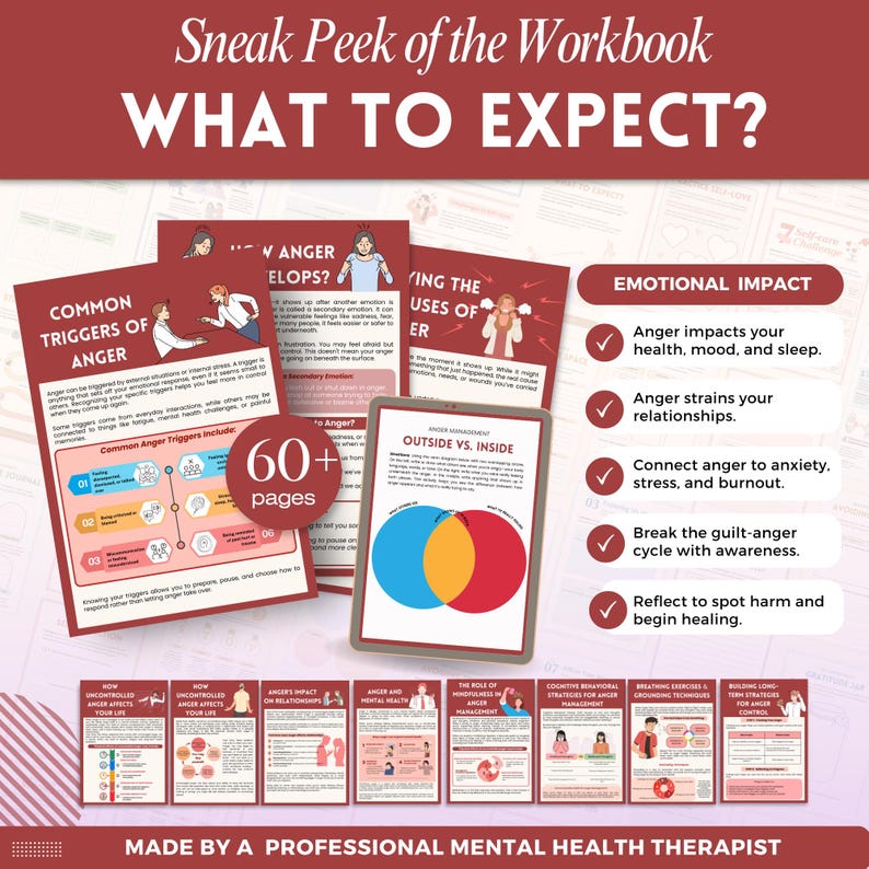 May include: A promotional image for a workbook titled "What to Expect?" featuring several pages with text and graphics. The workbook covers topics like anger triggers, emotional impact, and anger management. The image includes the text "60+ pages."