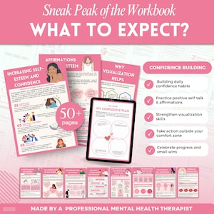 May include: A pink and white workbook titled "Sneak Peak of the Workbook WHAT TO EXPECT?" with pages on self-esteem, affirmations, and visualization. Includes a tablet with a confidence plan and the text "50+ pages."