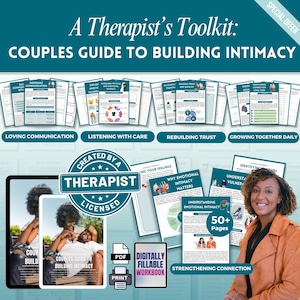 Puede incluir: Un kit de herramientas para terapeutas: Guía para parejas para construir la intimidad. La imagen presenta una colección de guías y cuadernos de trabajo, con temas como la comunicación amorosa y la reconstrucción de la confianza. El diseño incluye una tableta, una mujer sonriente y el texto "50+ páginas."