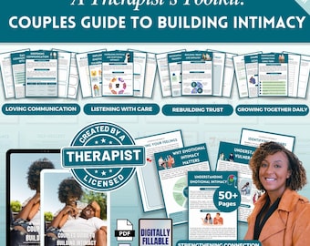 Puede incluir: Un kit de herramientas para terapeutas: Guía para parejas para construir la intimidad. La imagen presenta una colección de guías y cuadernos de trabajo, con temas como la comunicación amorosa y la reconstrucción de la confianza. El diseño incluye una tableta, una mujer sonriente y el texto "50+ páginas."