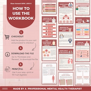 May include: A workbook with the title "How to Use the Workbook" and instructions for checkout, download, and printing. The workbook includes pages on understanding anger, identifying root causes, and anger's impact on relationships.