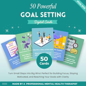 Puede incluir: Gráfico turquesa con el texto "50 tarjetas digitales de establecimiento de objetivos poderosas". Se muestran cinco tarjetas, cada una con ilustraciones y texto sobre la definición de objetivos. Las tarjetas están tituladas "Creando un plan de acción final".