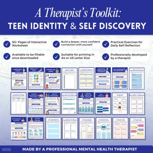 May include: A Therapist's Toolkit: Teen Identity & Self Discovery. This digital download includes a 50+ page interactive worksheet with exercises for self-reflection. Suitable for printing in A4 size. Professionally developed by a therapist.