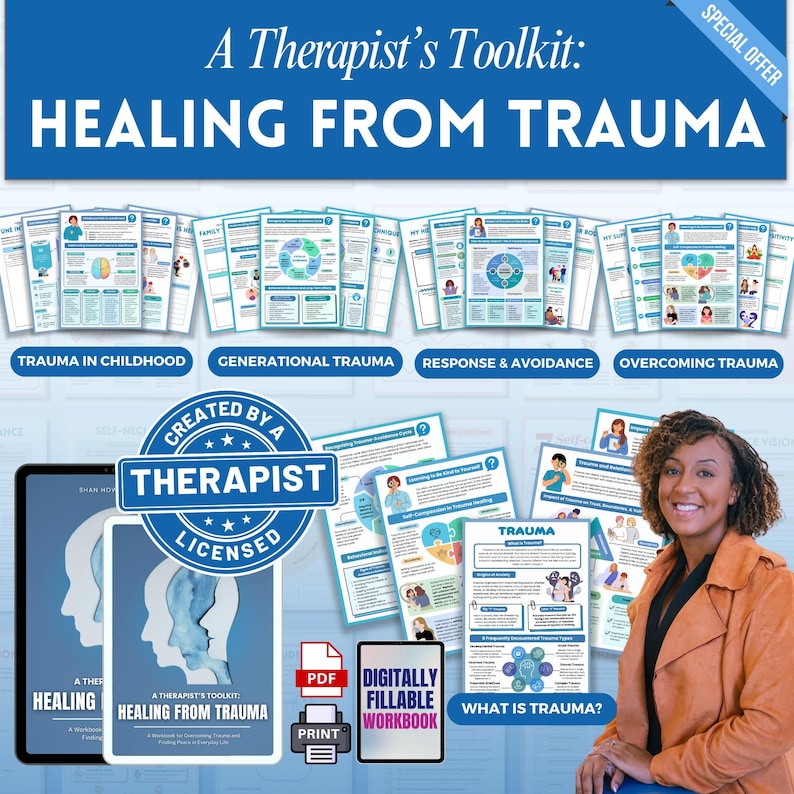 May include: A therapist's toolkit for healing from trauma. The toolkit includes a digital workbook, printable worksheets, and a guide to overcoming trauma. The image also features a therapist's logo and a woman smiling.