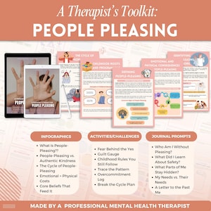Puede incluir: Un kit de herramientas para terapeutas: People Pleasing. La imagen muestra una tableta y materiales impresos con infograf&iacute;as, actividades y indicaciones de diario. Los materiales cubren temas como el ciclo de complacer a la gente y los costos emocionales. El texto dice: "Hecho por un terapeuta profesional de salud mental".