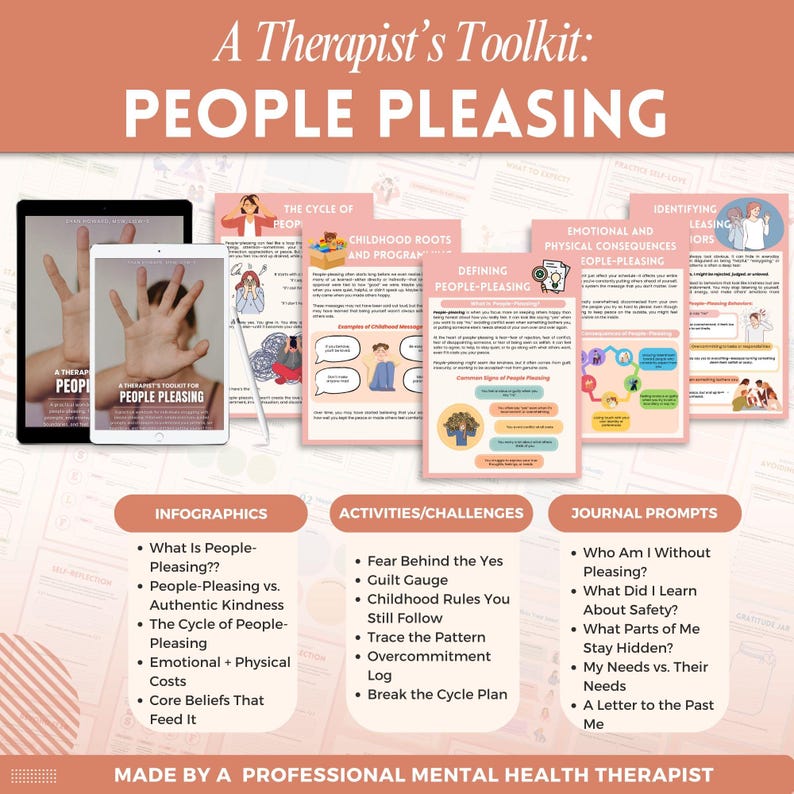 Puede incluir: Un kit de herramientas para terapeutas: People Pleasing. La imagen muestra una tableta y materiales impresos con infograf&iacute;as, actividades y indicaciones de diario. Los materiales cubren temas como el ciclo de complacer a la gente y los costos emocionales. El texto dice: "Hecho por un terapeuta profesional de salud mental".