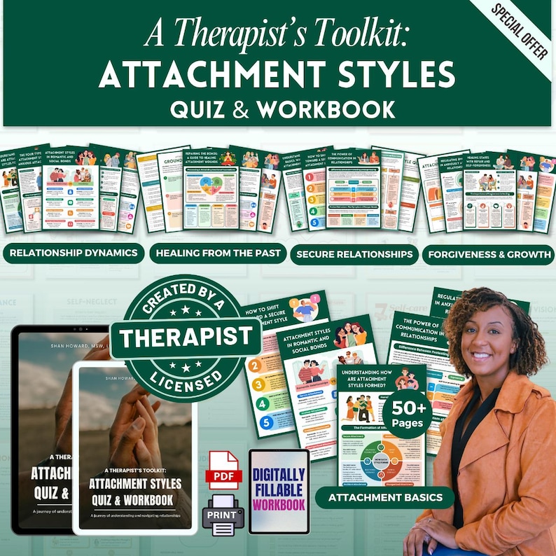 May include: A Therapist's Toolkit: Attachment Styles Quiz & Workbook. The image features a collection of workbooks and digital resources. The cover includes the text "Attachment Styles" and "Quiz & Workbook". The image also includes the text "Created by a Therapist, Licensed".