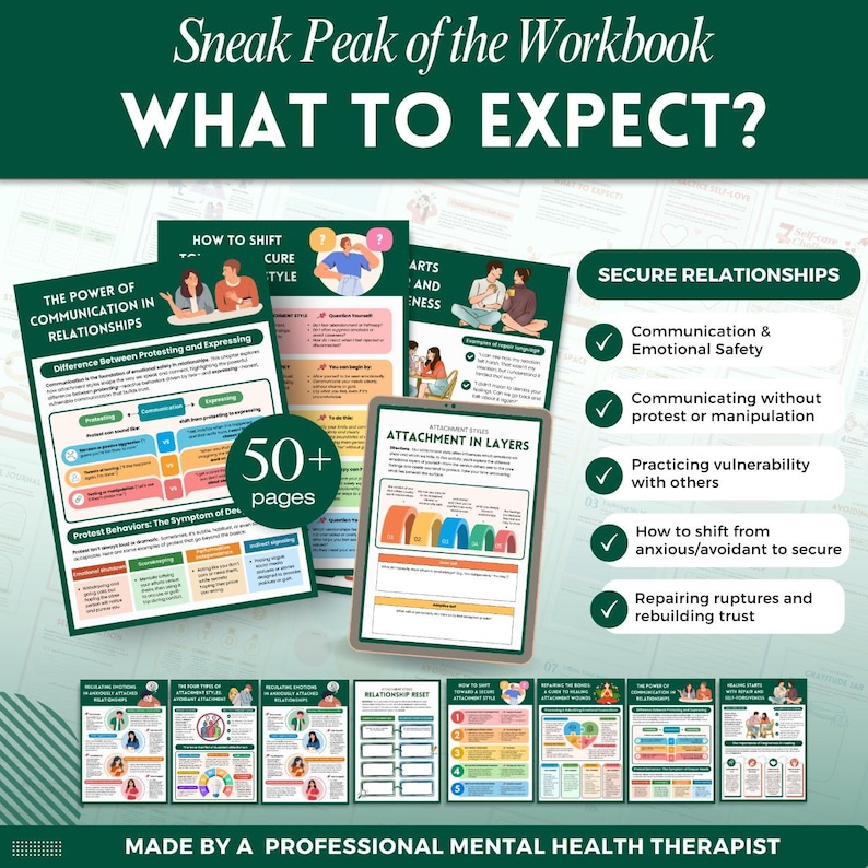 May include: A workbook preview with the title "WHAT TO EXPECT?" features colorful pages on communication, relationships, and attachment styles. The workbook includes over 50 pages and covers topics like emotional safety and repairing trust. Text includes "MADE BY A PROFESSIONAL MENTAL HEALTH THERAPIST."