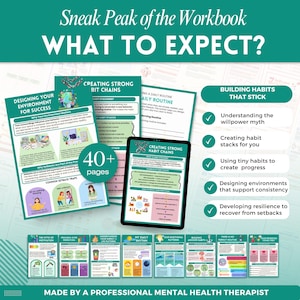 K&ouml;nnte beinhalten: Ein digitales Arbeitsbuch mit dem Titel "Sneak Peak of the Workbook: What to Expect?" Das Arbeitsbuch enth&auml;lt Seiten zu Gewohnheitsbildung, Umgebungsgestaltung und t&auml;glichen Routinen. Das Arbeitsbuch hat &uuml;ber 40 Seiten und wird von einem professionellen Psychotherapeuten erstellt.