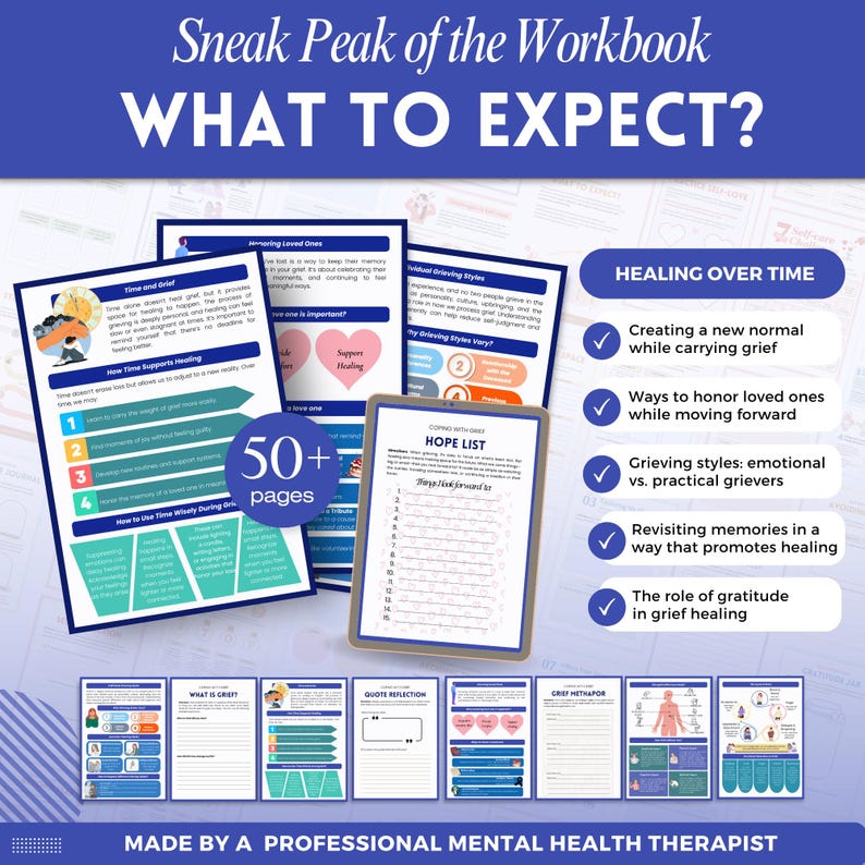 Grief and Loss a mental health digital and fillable workbook created by a licensed mental health therapist.
