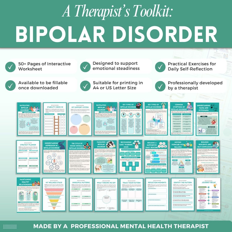 Puede incluir: Un kit de herramientas del terapeuta: Trastorno bipolar. Un conjunto de hojas de trabajo digitales con m&aacute;s de 50 p&aacute;ginas, dise&ntilde;adas para apoyar la estabilidad emocional. Incluye ejercicios pr&aacute;cticos para la autorreflexi&oacute;n. Imprimible en A4 o US Letter.