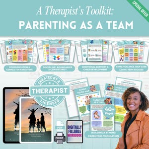 Puede incluir: Un kit de herramientas para terapeutas: Crianza en equipo. La imagen presenta recursos para padres, incluidos cuadernos de trabajo y guías digitales. Los materiales cubren temas como la comunicación, la disciplina y el apoyo emocional. Una mujer sonríe en la esquina.
