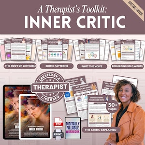 以下が含まれることがあります： セラピストのツールキット：インナー・クリティックのワークブック、50ページ以上。画像には、笑顔の女性と、さまざまなワークシートやデジタルリソースが写っています。このツールキットには、批判パターンや自己肯定感の再構築などのトピックが含まれています。