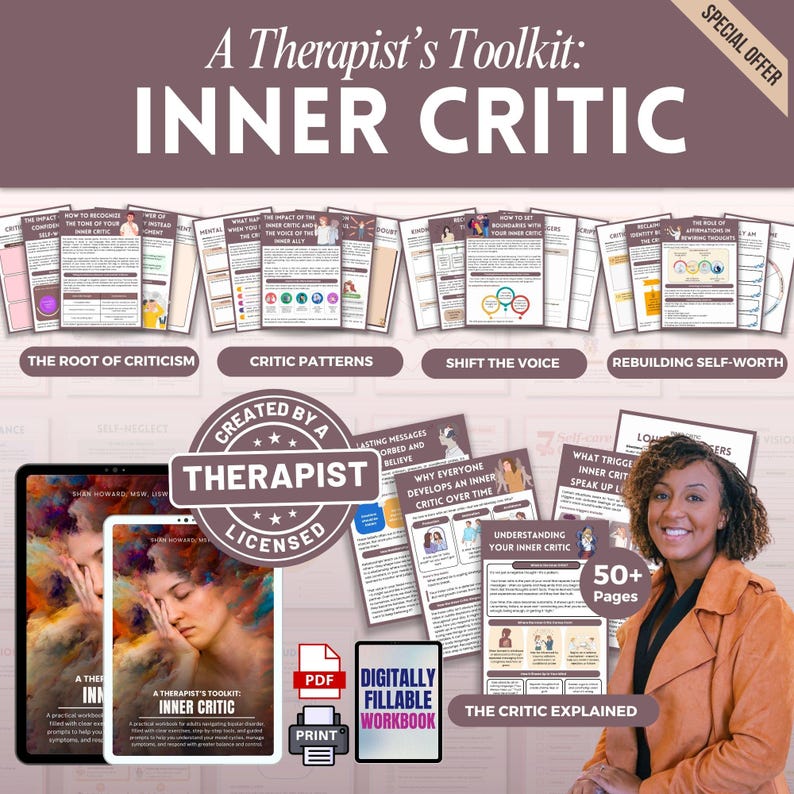 May include: A Therapist's Toolkit: Inner Critic workbook with over 50 pages. The image shows a woman smiling, along with various worksheets and digital resources. The toolkit includes topics like critic patterns and rebuilding self-worth.