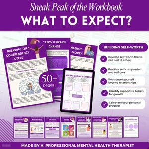 Puede incluir: Vista previa de un cuaderno de trabajo morado titulado "WHAT TO EXPECT?". La imagen muestra p&aacute;ginas sobre c&oacute;mo romper la codependencia y construir la autoestima. Incluye una tableta y varias p&aacute;ginas con texto e ilustraciones. El cuaderno de trabajo tiene m&aacute;s de 50 p&aacute;ginas.