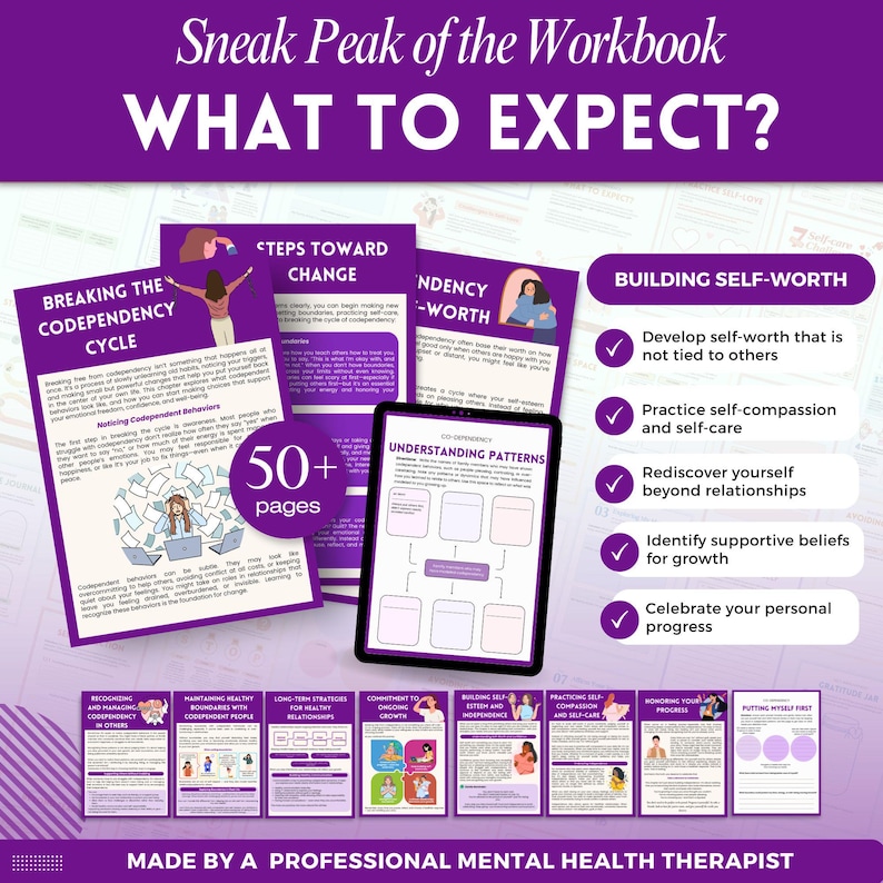 Puede incluir: Vista previa de un cuaderno de trabajo morado titulado "WHAT TO EXPECT?". La imagen muestra p&aacute;ginas sobre c&oacute;mo romper la codependencia y construir la autoestima. Incluye una tableta y varias p&aacute;ginas con texto e ilustraciones. El cuaderno de trabajo tiene m&aacute;s de 50 p&aacute;ginas.