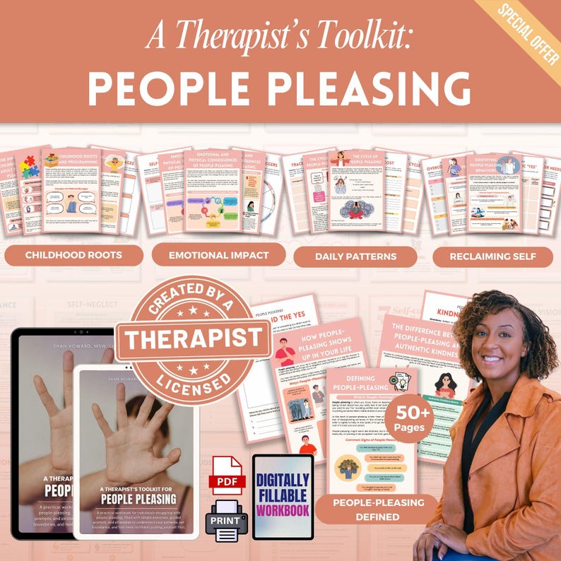 Puede incluir: Un kit de herramientas digital titulado 'A Therapist's Toolkit: People Pleasing'. La imagen muestra varios cuadernos de trabajo y gu&iacute;as, con el texto 'Created by a Therapist, Licensed'. Los temas incluyen ra&iacute;ces de la infancia e impacto emocional.