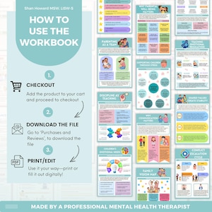 Pode incluir: Um livro de exerc&iacute;cios turquesa e branco intitulado "How to Use the Workbook". Inclui instru&ccedil;&otilde;es para checkout, download e impress&atilde;o/edi&ccedil;&atilde;o. O livro de exerc&iacute;cios aborda temas como parentalidade, regula&ccedil;&atilde;o emocional e vis&atilde;o familiar.