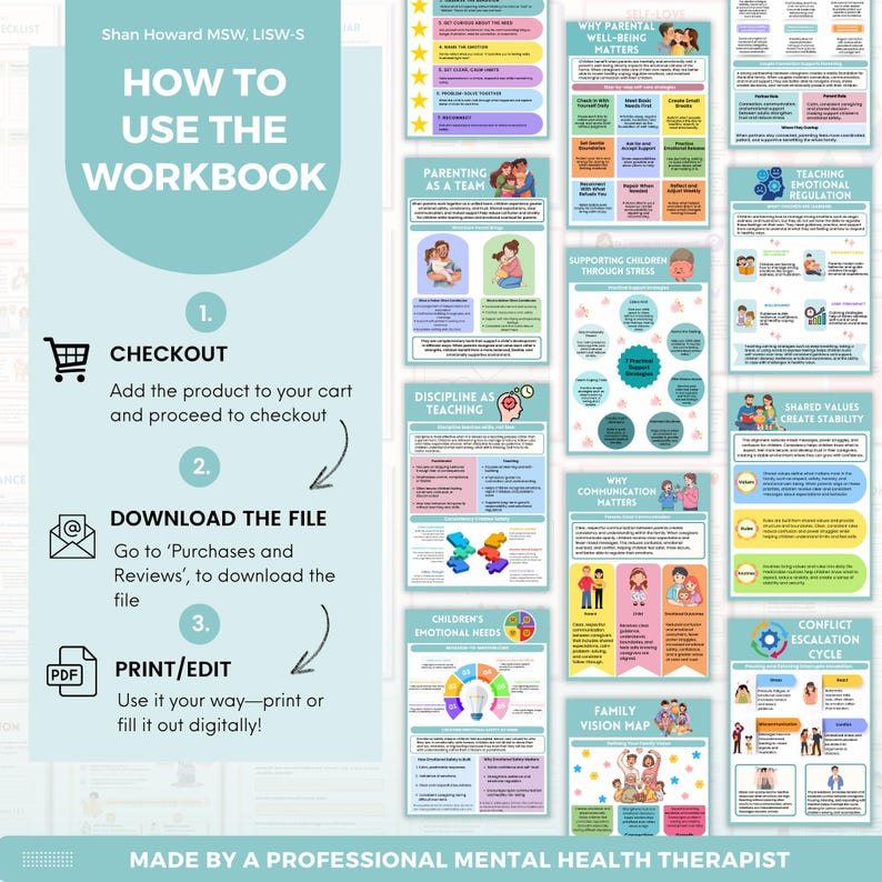 Pode incluir: Um livro de exerc&iacute;cios turquesa e branco intitulado "How to Use the Workbook". Inclui instru&ccedil;&otilde;es para checkout, download e impress&atilde;o/edi&ccedil;&atilde;o. O livro de exerc&iacute;cios aborda temas como parentalidade, regula&ccedil;&atilde;o emocional e vis&atilde;o familiar.