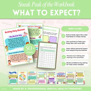 Puede incluir: Vista previa de un cuaderno de trabajo con el texto "Sneak Peak of the Workbook WHAT TO EXPECT?". Las p&aacute;ginas cubren temas como rutinas diarias, turnos y pistas corporales. Incluye un cuadro de estrellas y est&aacute; hecho por un terapeuta de salud mental profesional.
