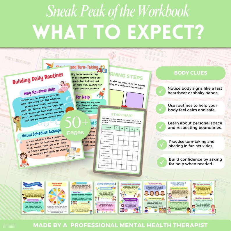 Puede incluir: Vista previa de un cuaderno de trabajo con el texto "Sneak Peak of the Workbook WHAT TO EXPECT?". Las p&aacute;ginas cubren temas como rutinas diarias, turnos y pistas corporales. Incluye un cuadro de estrellas y est&aacute; hecho por un terapeuta de salud mental profesional.