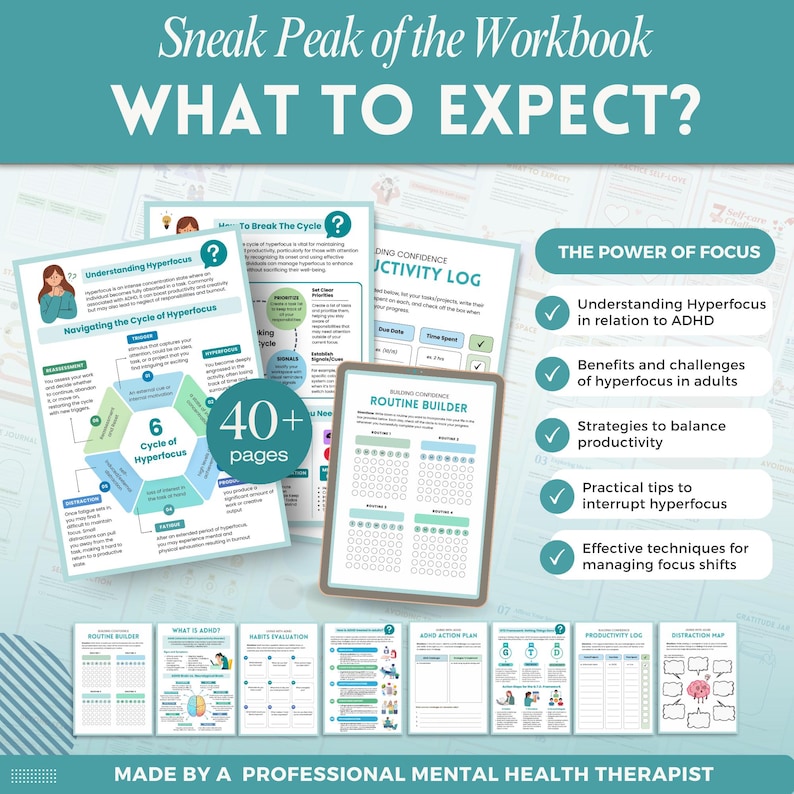 Increase productivity with ADHD a mental health digital and fillable workbook created by a licensed mental health therapist.
