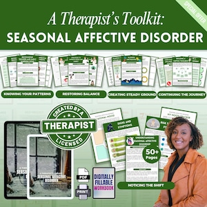 Puede incluir: Un kit de herramientas para terapeutas para el trastorno afectivo estacional. La imagen presenta una colección de hojas de trabajo imprimibles y un cuaderno digital. El kit de herramientas incluye guías sobre el reconocimiento de patrones, la restauración del equilibrio y estrategias de afrontamiento.