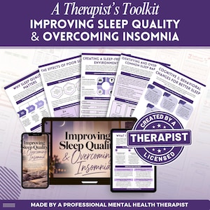 May include: A digital toolkit titled A Therapist's Toolkit Improving Sleep Quality & Overcoming Insomnia, featuring multiple informational sheets with purple accents, a smartphone, a tablet, and a circular badge stating Created By A Licensed Therapist.