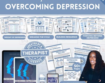 May include: A digital therapist's toolkit for overcoming depression, featuring a collection of printable and fillable workbook pages, assessment forms, and educational guides. The set includes over 50 pages with blue and white text and graphics.
