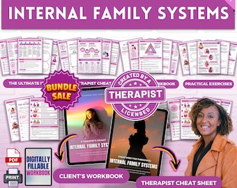 May include: A digital toolkit bundle for therapists and clients working with Internal Family Systems (IFS). The bundle includes a therapist cheat sheet, a client workbook, and practical exercises. The image features a therapist holding a laptop with the toolkit displayed on the screen.