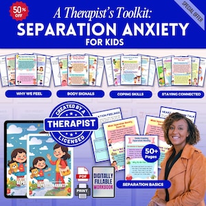 Puede incluir: Kit de herramientas para niños sobre la ansiedad por separación. La imagen presenta cuadernos de trabajo digitales e impresos. Los temas incluyen 'Por qué sentimos', 'Señales corporales' y 'Habilidades de afrontamiento'. Una mujer sonríe en la esquina inferior derecha.