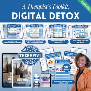 以下が含まれることがあります： 「A Therapist's Toolkit: DIGITAL DETOX」と題されたデジタルデトックスツールキットの画像。画像には、ワークシート、タブレット、笑顔の女性が含まれています。このツールキットは、デジタル境界線や集中力などのトピックを扱っています。