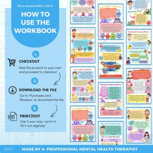 May include: A colorful digital workbook with instructions on how to use the workbook. The workbook is titled "How to Use the Workbook" and features illustrations of monsters. The instructions include "Checkout", "Download the File", and "Print/Edit".
