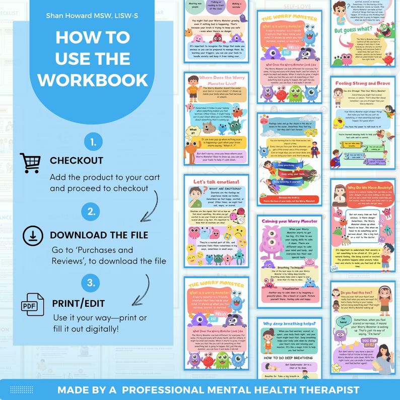 May include: A colorful digital workbook with instructions on how to use the workbook. The workbook is titled "How to Use the Workbook" and features illustrations of monsters. The instructions include "Checkout", "Download the File", and "Print/Edit".